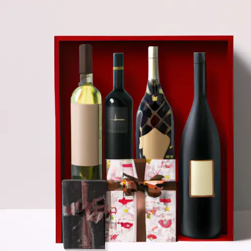 An image featuring a beautifully wrapped gift box, adorned with a delicate satin ribbon, revealing an assortment of exquisite wine bottles and premium spirits, showcasing their rich colors and elegant labels