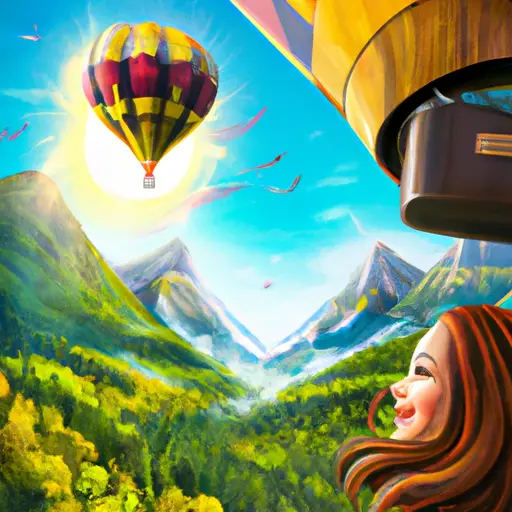 An image depicting a woman in a vibrant hot air balloon, soaring above lush green valleys, with a wide smile on her face as she gazes at the breathtaking mountain range ahead, capturing the essence of thrilling adventure getaways