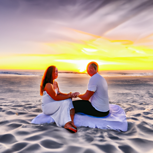 An image that portrays a couple sitting on a sandy beach at sunset, holding hands and gazing into each other's eyes with pure love and adoration, symbolizing the notion of "You Complete Me