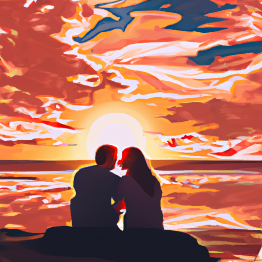 An image featuring a couple sitting on a sandy beach at sunset, holding hands and gazing into each other's eyes