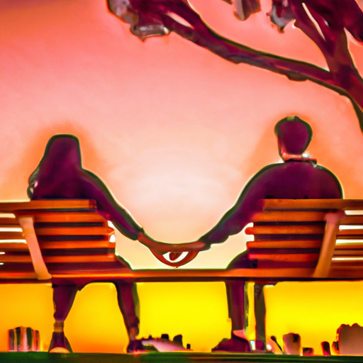 An image of a couple sitting on a park bench, surrounded by a breathtaking sunset