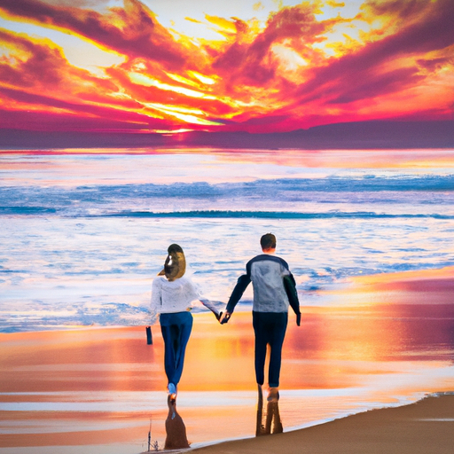 An image of a couple holding hands, walking on a sunny beach with gentle waves crashing in the background