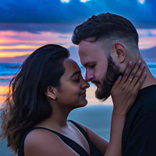 An image showcasing a couple on a sandy beach at sunset, wrapped in a warm embrace