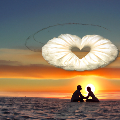 An image showcasing a couple sitting on a white sandy beach at sunset, gazing into each other's eyes, their hands intertwined, with a heart-shaped cloud in the sky above them