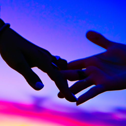 An image showcasing two hands intertwined, fingers interlocked, against a vibrant sunset backdrop
