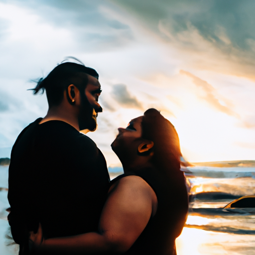 An image that showcases the depth of love with a couple standing on a picturesque beach at sunset, locked in a passionate embrace, their eyes conveying emotions too profound for words to capture