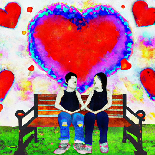 An image depicting a couple sitting on a park bench, their eyes locked, surrounded by floating hearts in vibrant colors, as their intertwined hands rest on a beating heart, visualizing the feeling of euphoria and love