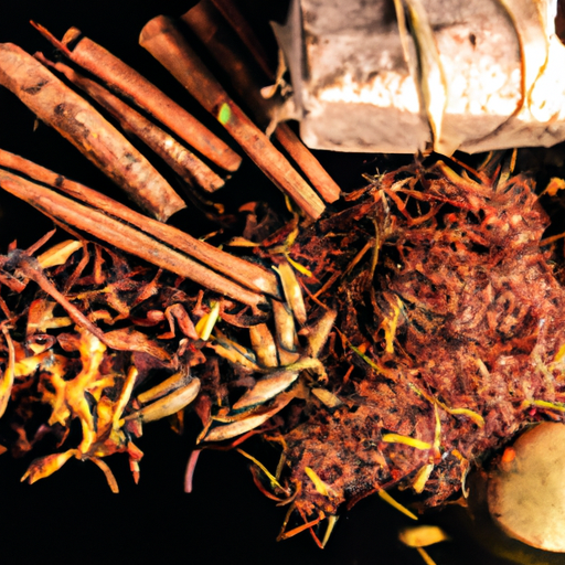 An image showcasing an assortment of vibrant spices and herbs, such as cinnamon sticks, saffron strands, vanilla beans, and fresh basil leaves