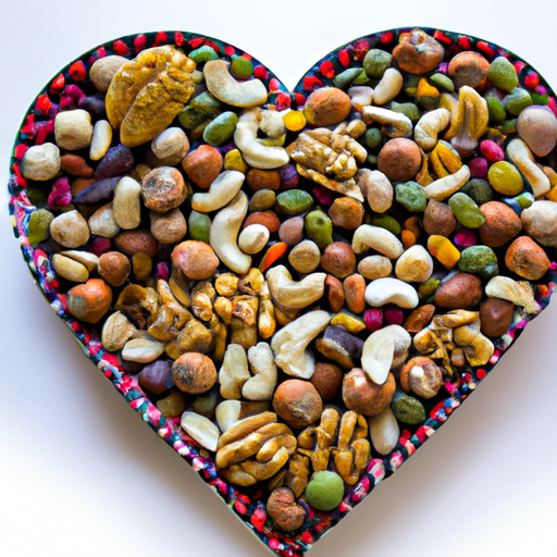An image that showcases a colorful assortment of nuts and seeds, beautifully arranged in a heart-shaped bowl