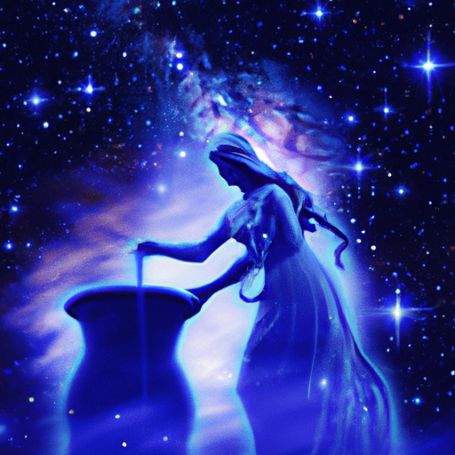 An image of an ancient water bearer pouring water from a celestial urn, as shimmering stars and constellations surround them