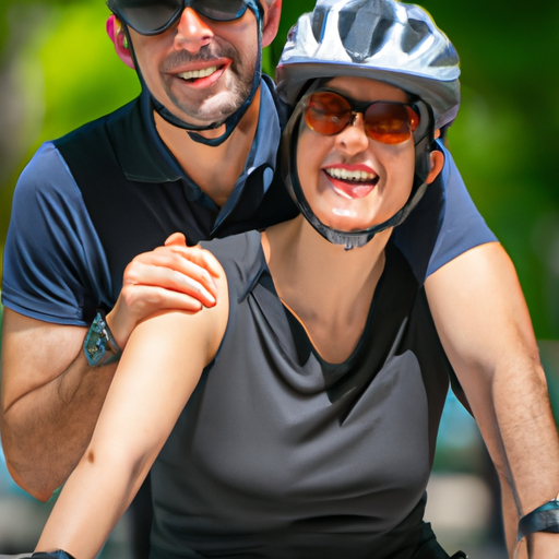 An image depicting a couple engaging in a shared hobby, like cycling, with genuine smiles and a strong connection evident through their eye contact and body language