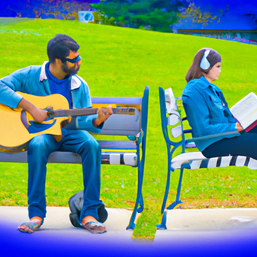An image showcasing a couple sitting side by side on a park bench, engrossed in separate activities – one reading a book, the other playing guitar
