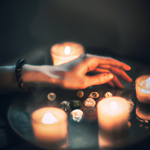 An image showcasing a serene setting with a close-up shot of delicate hands gently tapping on various objects, surrounded by softly lit candles, exuding a soothing ambiance