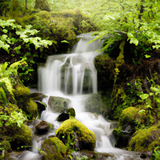 An image of a serene forest scene with lush green trees, a gentle waterfall cascading into a crystal-clear stream, and raindrops delicately falling from the sky, capturing the tranquility and relaxation of soothing nature sounds and rainfall for the ultimate ASMR experience
