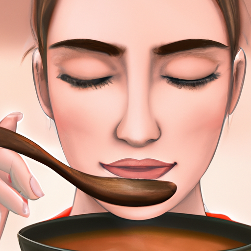 An image featuring a close-up of a serene face, eyes closed, gently smiling, while delicately holding a spoonful of steaming soup, capturing the mesmerizing moment of an ASMR video focused on soothing eating and food sounds