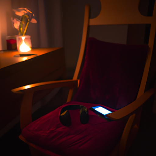An image featuring a serene, dimly lit bedroom with a cozy, plush armchair positioned beside a small table adorned with headphones, a candle, and a smartphone displaying various ASMR videos, capturing the essence of relaxation