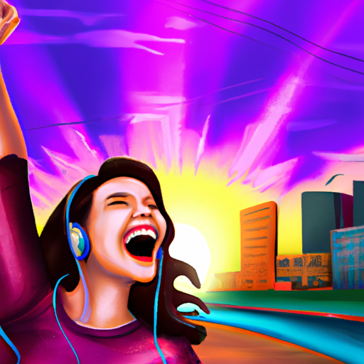 An image showcasing a jubilant woman immersed in a colorful cityscape at sunset, headphones on, confidently singing along to 'Stronger' by Kelly Clarkson