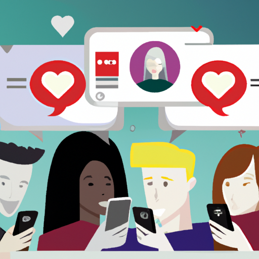 An image showcasing a diverse group of individuals engaged in engaging conversations through their smartphones, with thought bubbles displaying romantic interests, hobbies, and shared passions, symbolizing the key to successful online dating