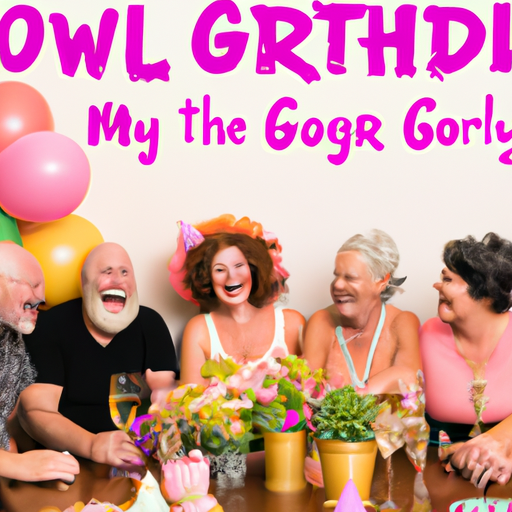 An image showcasing the hilarity of aging with a group of diverse, senior friends laughing heartily at a dinner table, wearing party hats, surrounded by balloons, and holding up signs with amusing quotes about growing older