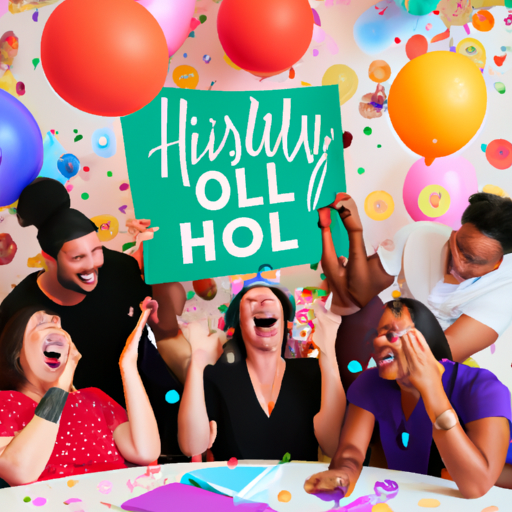 An image of a group of diverse friends laughing uproariously at a birthday party, surrounded by colorful balloons and confetti