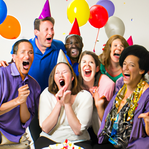 An image featuring a group of diverse friends laughing uproariously while surrounded by colorful balloons, confetti, and a birthday cake