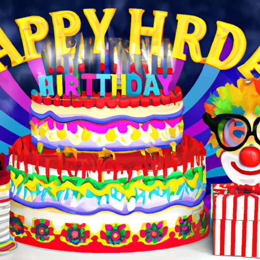 An image showcasing a colorful birthday cake with lit candles, surrounded by comical props like clown noses, funny glasses, and a "Happy Birthday" banner