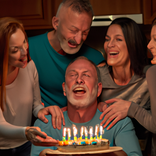  an image of a loving husband blowing out the candles on a birthday cake, surrounded by his adoring family, as they celebrate with joy and heartfelt wishes in their eyes