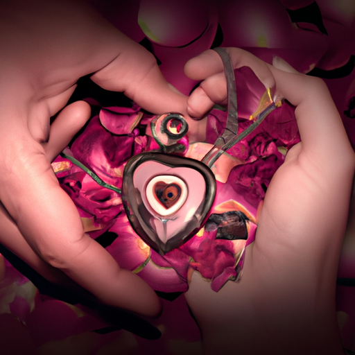 An image featuring a couple's hands intertwined, adorned with wedding rings, holding a heart-shaped locket with a vintage photograph inside