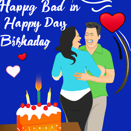 An image showcasing a loving couple; a woman surprises her husband with a birthday cake adorned with candles, while he smiles with joy, surrounded by heart-shaped balloons, symbolizing the best birthday wishes and quotes for husbands