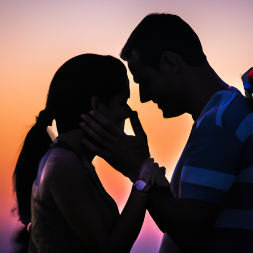  the essence of love and celebration with an image of a couple holding hands, silhouetted against a vibrant sunset backdrop
