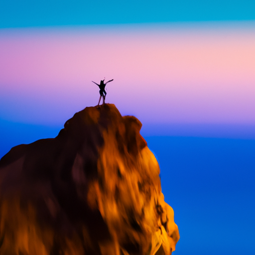An image depicting a solitary figure standing atop a rocky cliff, with arms outstretched, facing a vibrant sunrise