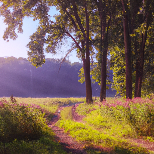 An image capturing a serene sunrise casting a warm glow over a winding forest path, adorned with vibrant wildflowers
