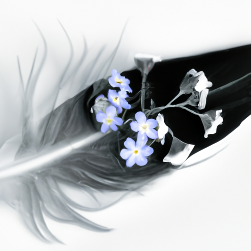 An image depicting a delicate black and white feather intertwined with a blooming forget-me-not flower, symbolizing eternal remembrance and the enduring love for a lost loved one