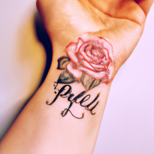 An image showcasing a delicate wrist adorned with a tattoo: a vibrant, blooming rose entwined with an elegantly scripted name and date, serving as a poignant memorial for a lost loved one