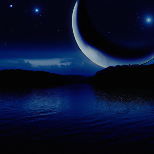 An image showcasing the ethereal allure of the moon; a crescent moon casting a gentle glow on a tranquil lake, reflecting its shimmering beauty amidst a star-studded night sky