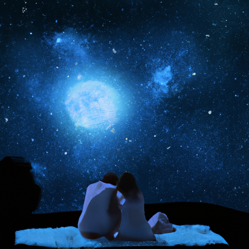 An image that showcases a couple sitting on a blanket under a starry night sky, bathed in the ethereal glow of the moon
