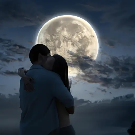 An image showcasing a serene night sky with a luminous full moon casting its ethereal glow on a couple sharing a tender embrace, capturing the essence of love and the enchanting power of the moon
