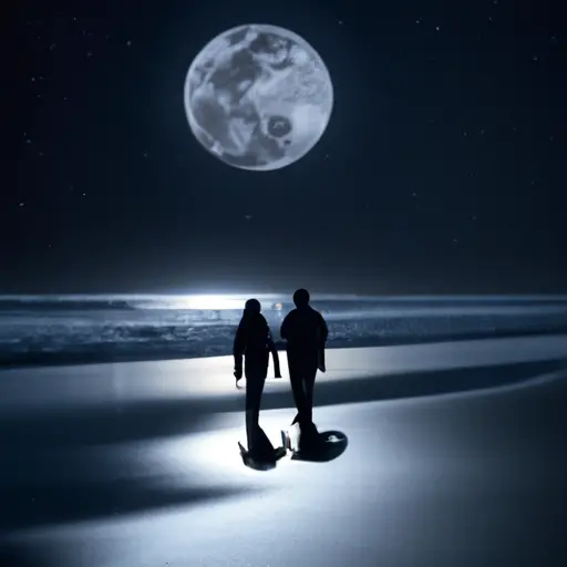 An image showcasing a serene moonlit night, with a full moon illuminating a starry sky