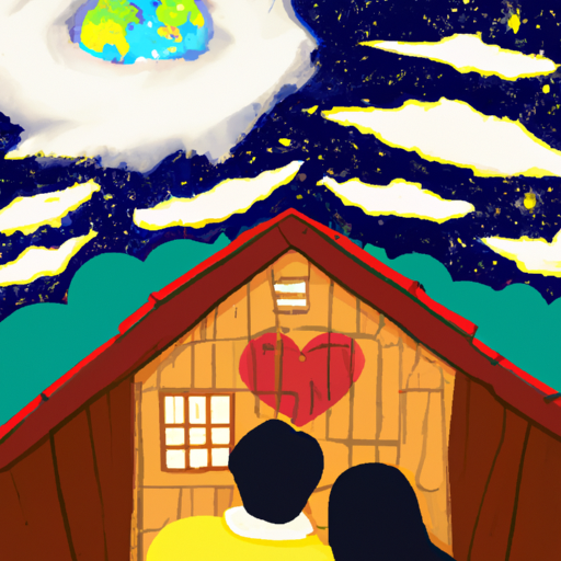 An image of a couple sitting under a starry sky, holding hands and gazing at the horizon, surrounded by dream-like illustrations of a house, a globe, and a heart-shaped cloud, symbolizing future dreams