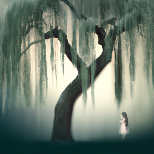 An image of a solitary figure standing beneath a weeping willow tree, bathed in moonlight