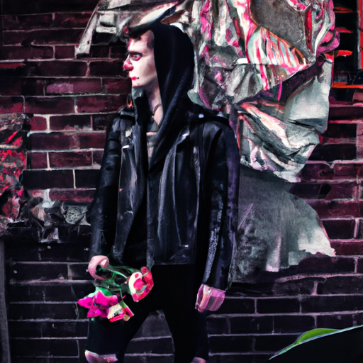 An image featuring a solitary figure, clad in a tattered leather jacket, leaning against a graffiti-covered brick wall