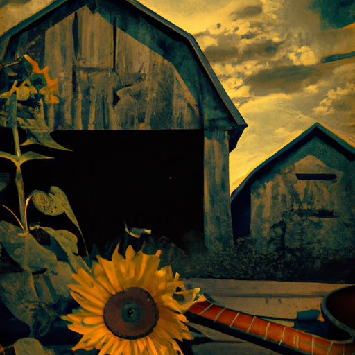 An image featuring a desolate barn at dusk, surrounded by withering sunflowers, while a lone guitar rests against a wooden chair on the porch
