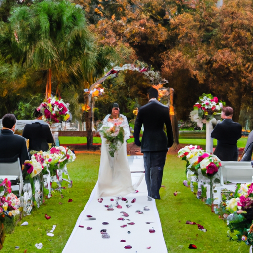 An image of a serene outdoor wedding ceremony, with a beautifully decorated aisle adorned with flower petals