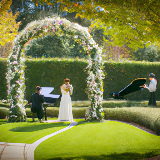 An image showcasing a serene garden path lined with blooming white roses, leading to a charming outdoor ceremony space