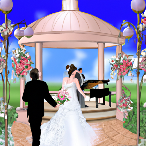 An image showcasing a bride in a flowing white gown walking down a flower-laden aisle, accompanied by her beaming father, as a string quartet plays under an elegant gazebo