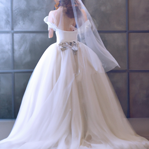 the essence of vintage glamour with an image of a bride adorned in a figure-hugging, trumpet-style gown featuring delicate lace sleeves, a low back, and a cascading tulle train
