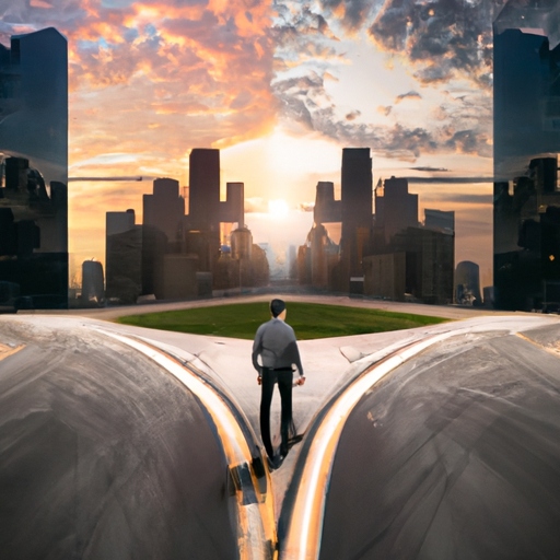 An image of a person standing at a crossroads, with one path leading to a vibrant cityscape representing the new opportunity, and the other path leading to a nostalgic, sunset-lit office symbolizing the job they love