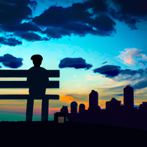 An image showing a solitary figure sitting on a park bench, gazing at a sunset over a city skyline, with a nostalgic expression