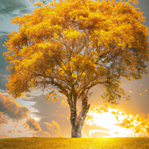 An image of a lone tree, its vibrant green leaves turning golden in a sunset-lit sky