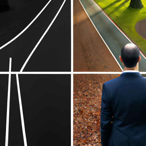 An image showcasing a person in a well-fitted suit, standing at the crossroad of two paths
